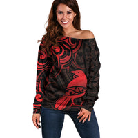 New Zealand Tui Bird Off Shoulder Sweater Aotearoa Maori Pattern - Red LT14 Women Red - Polynesian Pride