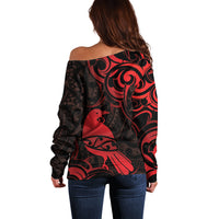 New Zealand Tui Bird Off Shoulder Sweater Aotearoa Maori Pattern - Red LT14 - Polynesian Pride