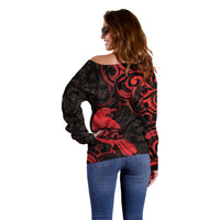 New Zealand Tui Bird Off Shoulder Sweater Aotearoa Maori Pattern - Red LT14 - Polynesian Pride