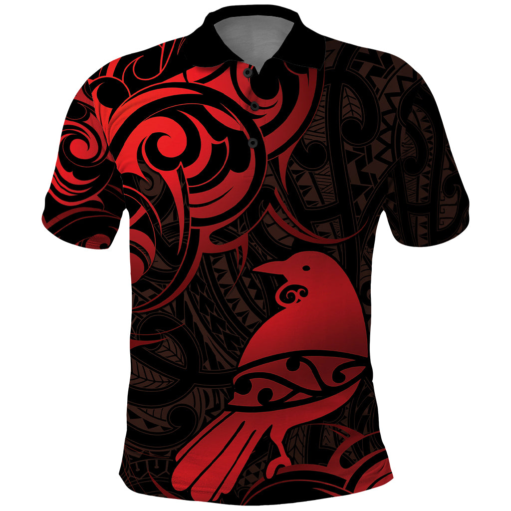 New Zealand Tui Bird Polo Shirt Aotearoa Maori Pattern - Red