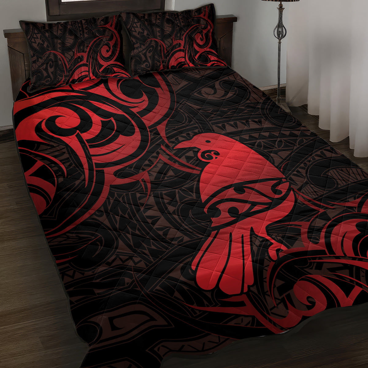 New Zealand Tui Bird Quilt Bed Set Aotearoa Maori Pattern - Red