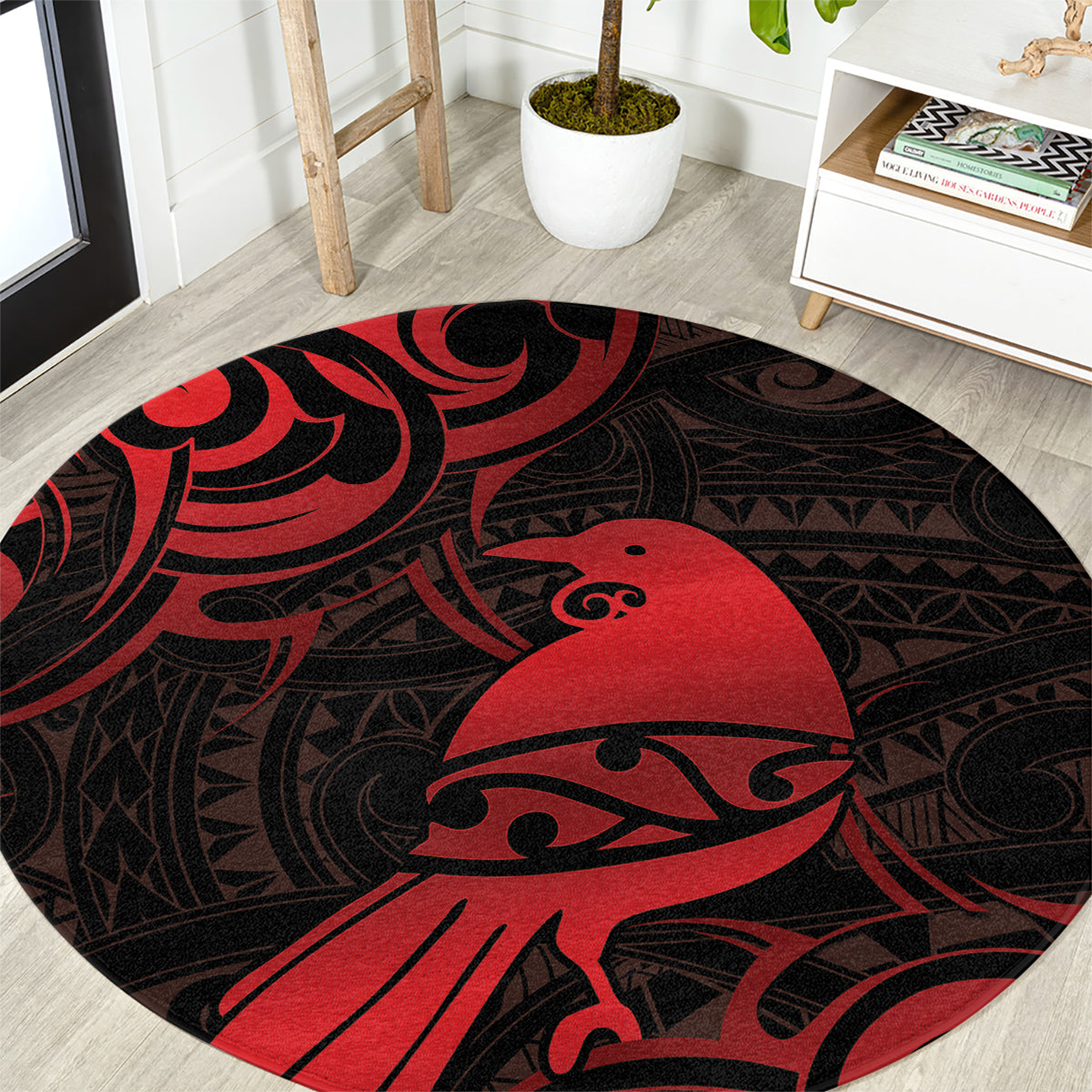 New Zealand Tui Bird Round Carpet Aotearoa Maori Pattern - Red LT14 Red - Polynesian Pride