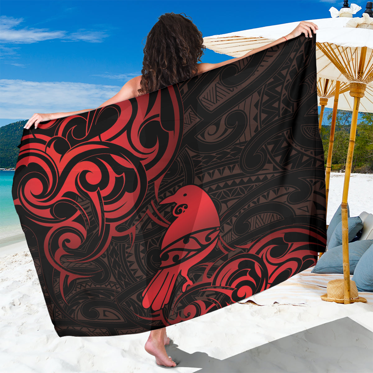 New Zealand Tui Bird Sarong Aotearoa Maori Pattern - Red LT14 One Size 44 x 66 inches Red - Polynesian Pride