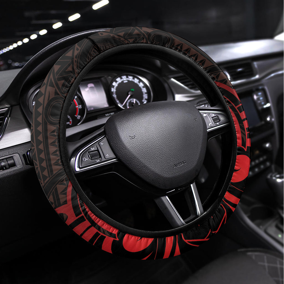 New Zealand Tui Bird Steering Wheel Cover Aotearoa Maori Pattern - Red