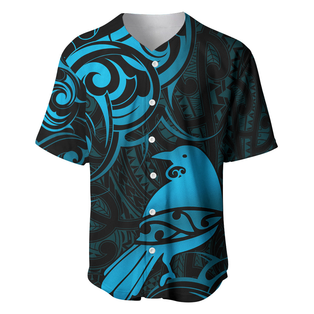 New Zealand Tui Bird Baseball Jersey Aotearoa Maori Pattern - Blue LT14 Blue - Polynesian Pride