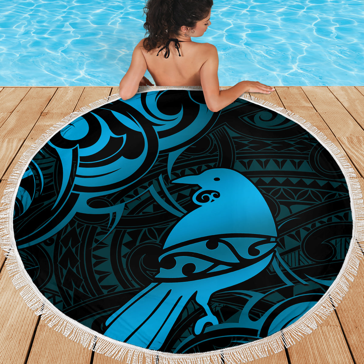 New Zealand Tui Bird Beach Blanket Aotearoa Maori Pattern - Blue LT14 - Polynesian Pride