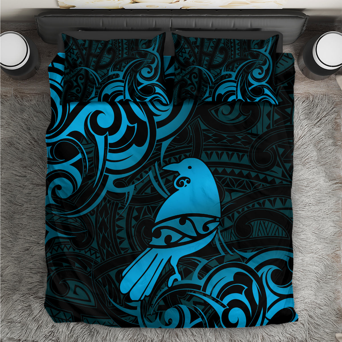 New Zealand Tui Bird Bedding Set Aotearoa Maori Pattern - Blue LT14 Blue - Polynesian Pride