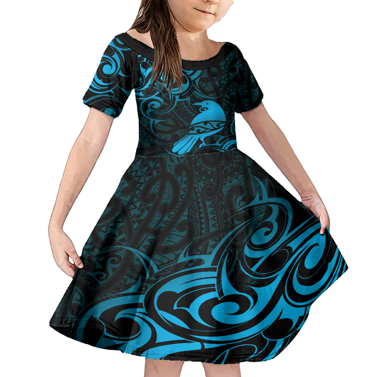New Zealand Tui Bird Kid Short Sleeve Dress Aotearoa Maori Pattern - Blue LT14 KID Blue - Polynesian Pride