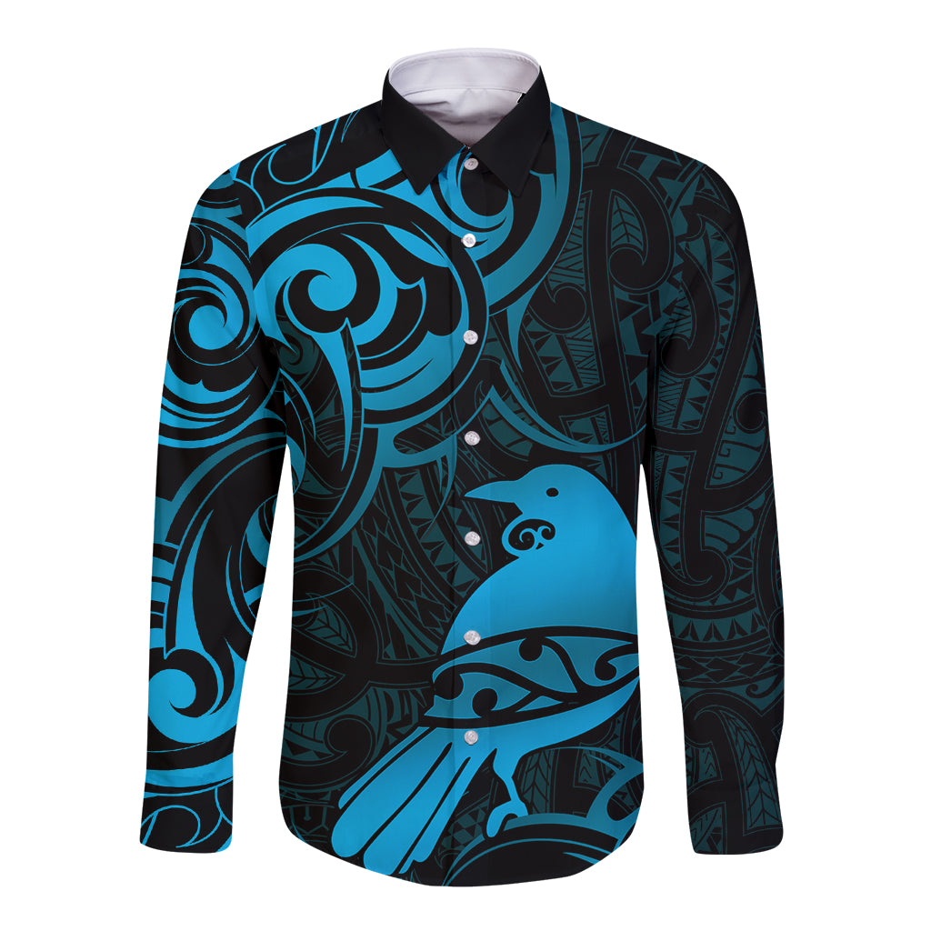 New Zealand Tui Bird Long Sleeve Button Shirt Aotearoa Maori Pattern - Blue LT14 Unisex Blue - Polynesian Pride