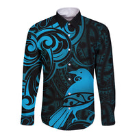 New Zealand Tui Bird Long Sleeve Button Shirt Aotearoa Maori Pattern - Blue LT14 Unisex Blue - Polynesian Pride