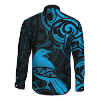 New Zealand Tui Bird Long Sleeve Button Shirt Aotearoa Maori Pattern - Blue LT14 - Polynesian Pride