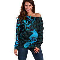 New Zealand Tui Bird Off Shoulder Sweater Aotearoa Maori Pattern - Blue LT14 Women Blue - Polynesian Pride