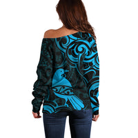 New Zealand Tui Bird Off Shoulder Sweater Aotearoa Maori Pattern - Blue LT14 - Polynesian Pride