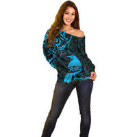 New Zealand Tui Bird Off Shoulder Sweater Aotearoa Maori Pattern - Blue LT14 - Polynesian Pride