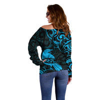 New Zealand Tui Bird Off Shoulder Sweater Aotearoa Maori Pattern - Blue LT14 - Polynesian Pride