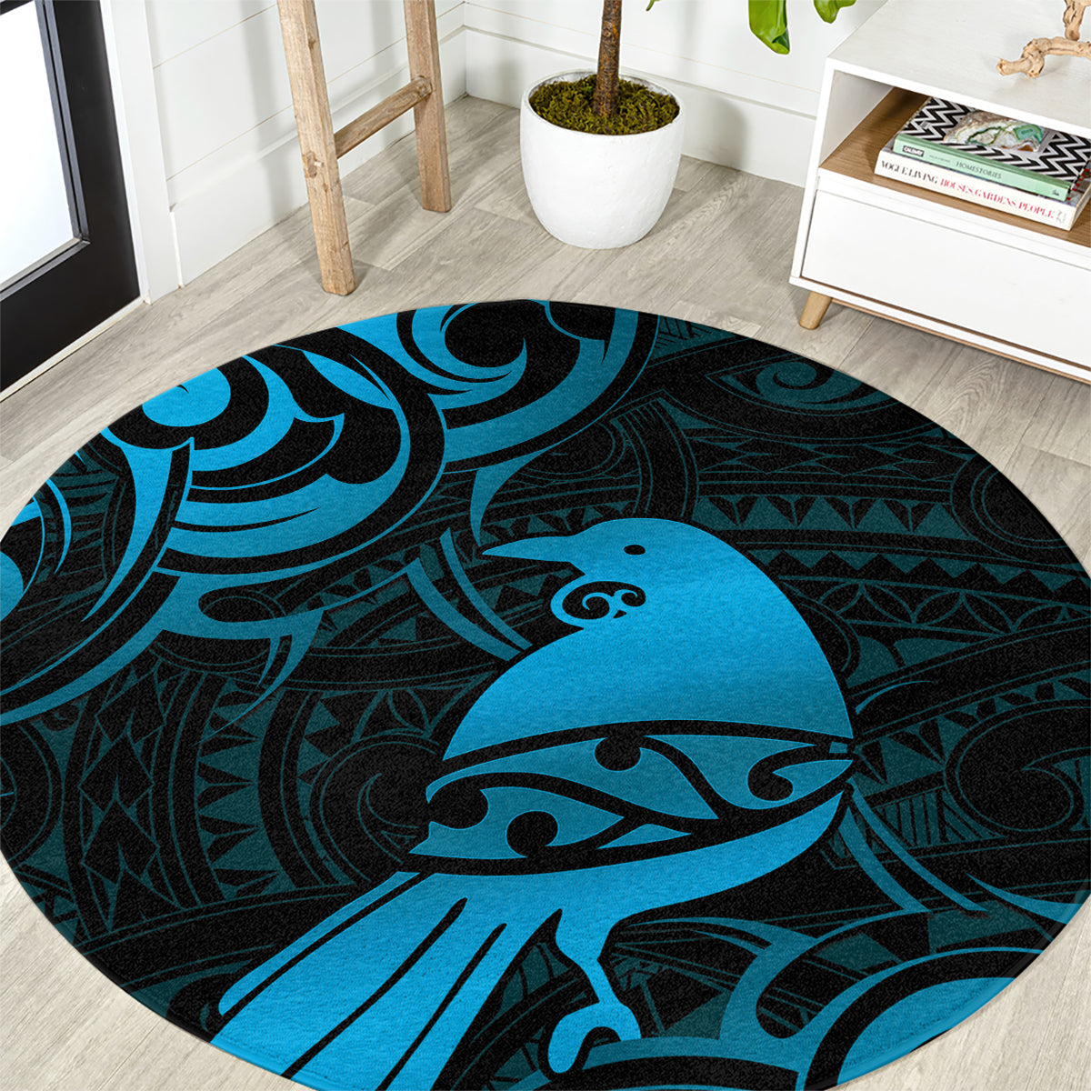 New Zealand Tui Bird Round Carpet Aotearoa Maori Pattern - Blue LT14 Blue - Polynesian Pride