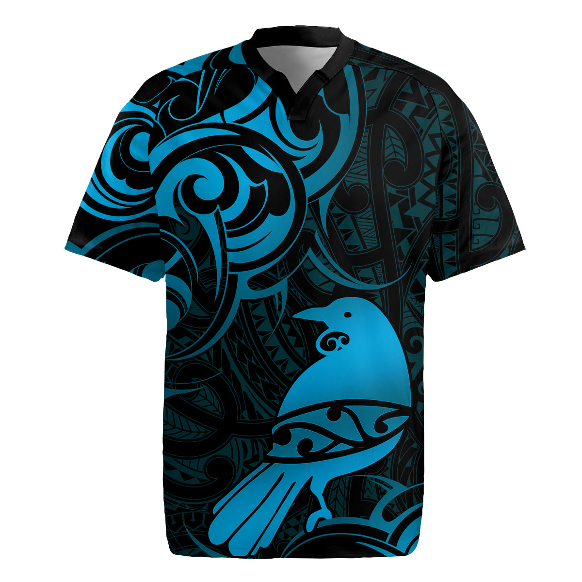 New Zealand Tui Bird Rugby Jersey Aotearoa Maori Pattern - Blue LT14 Blue - Polynesian Pride