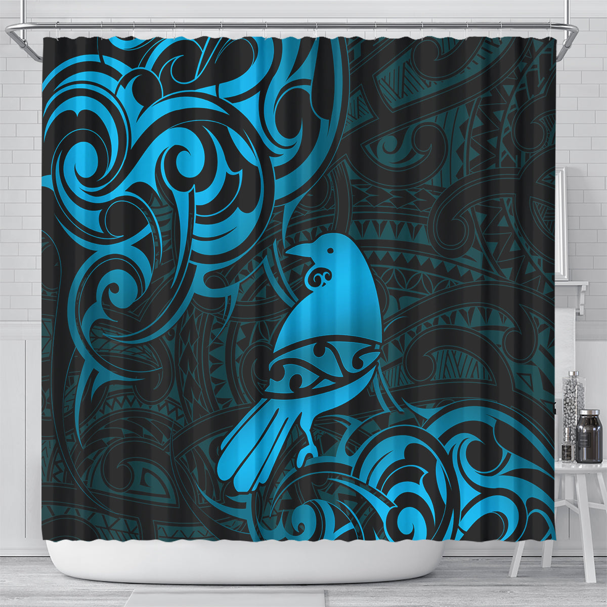 New Zealand Tui Bird Shower Curtain Aotearoa Maori Pattern - Blue LT14 - Polynesian Pride