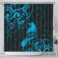 New Zealand Tui Bird Shower Curtain Aotearoa Maori Pattern - Blue LT14 - Polynesian Pride
