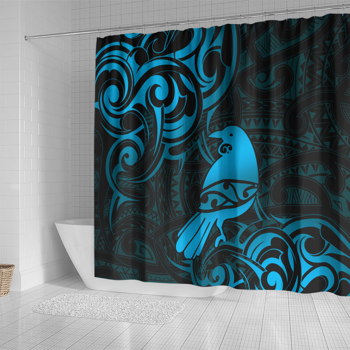 New Zealand Tui Bird Shower Curtain Aotearoa Maori Pattern - Blue LT14 - Polynesian Pride