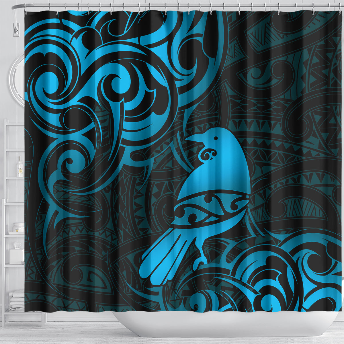 New Zealand Tui Bird Shower Curtain Aotearoa Maori Pattern - Blue LT14 - Polynesian Pride