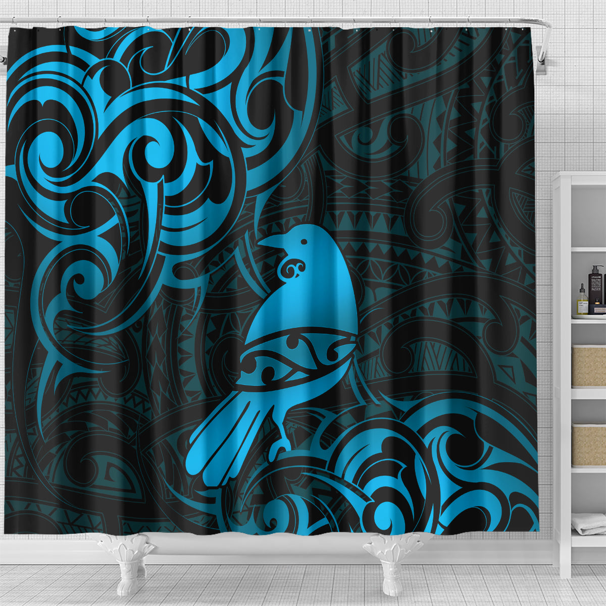 New Zealand Tui Bird Shower Curtain Aotearoa Maori Pattern - Blue LT14 - Polynesian Pride