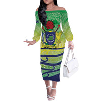 Te Maeva Nui Cook Islands Off The Shoulder Long Sleeve Dress 60th Independence Anniversary Proud LT14 Women Green - Polynesian Pride