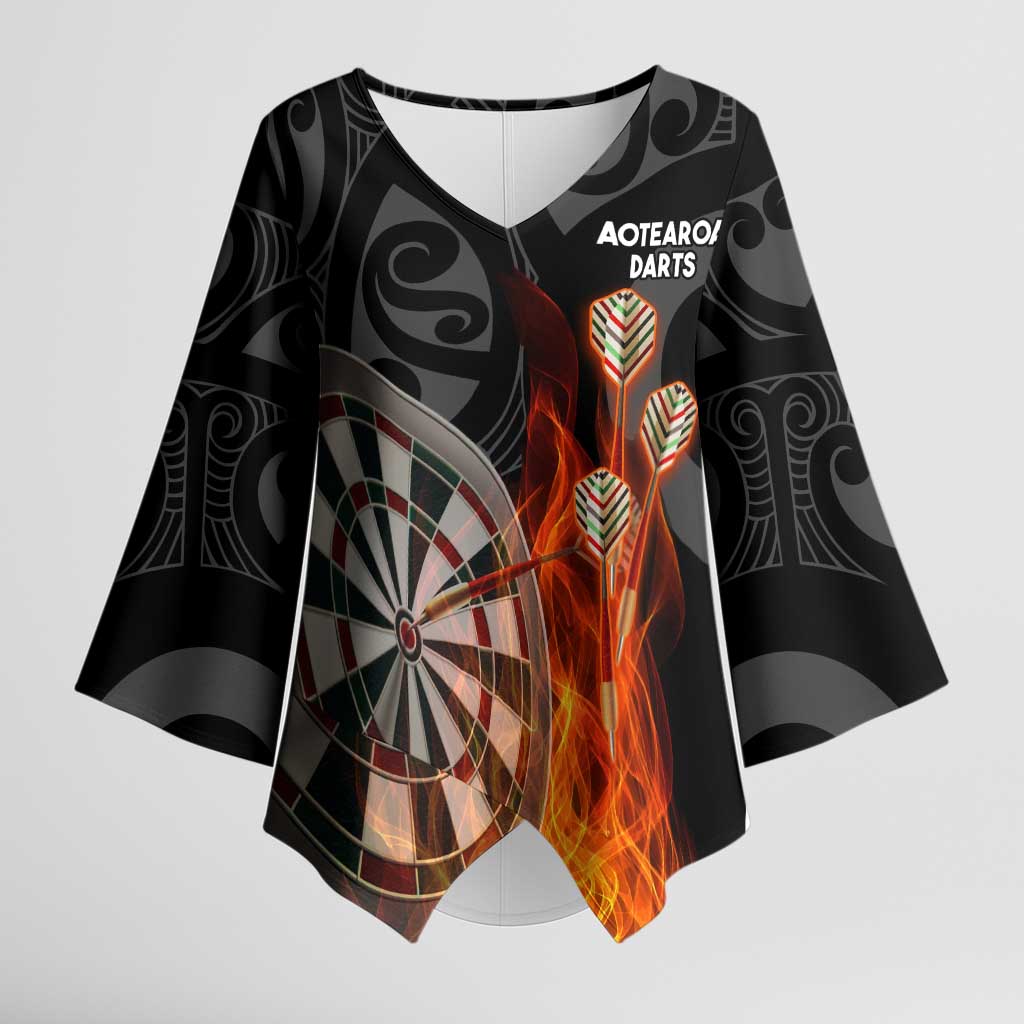 Personalised Aotearoa Darts Kimono Sleeve Blouse Maori Koru Flaming Dartboard LT14 Female Black - Polynesian Pride