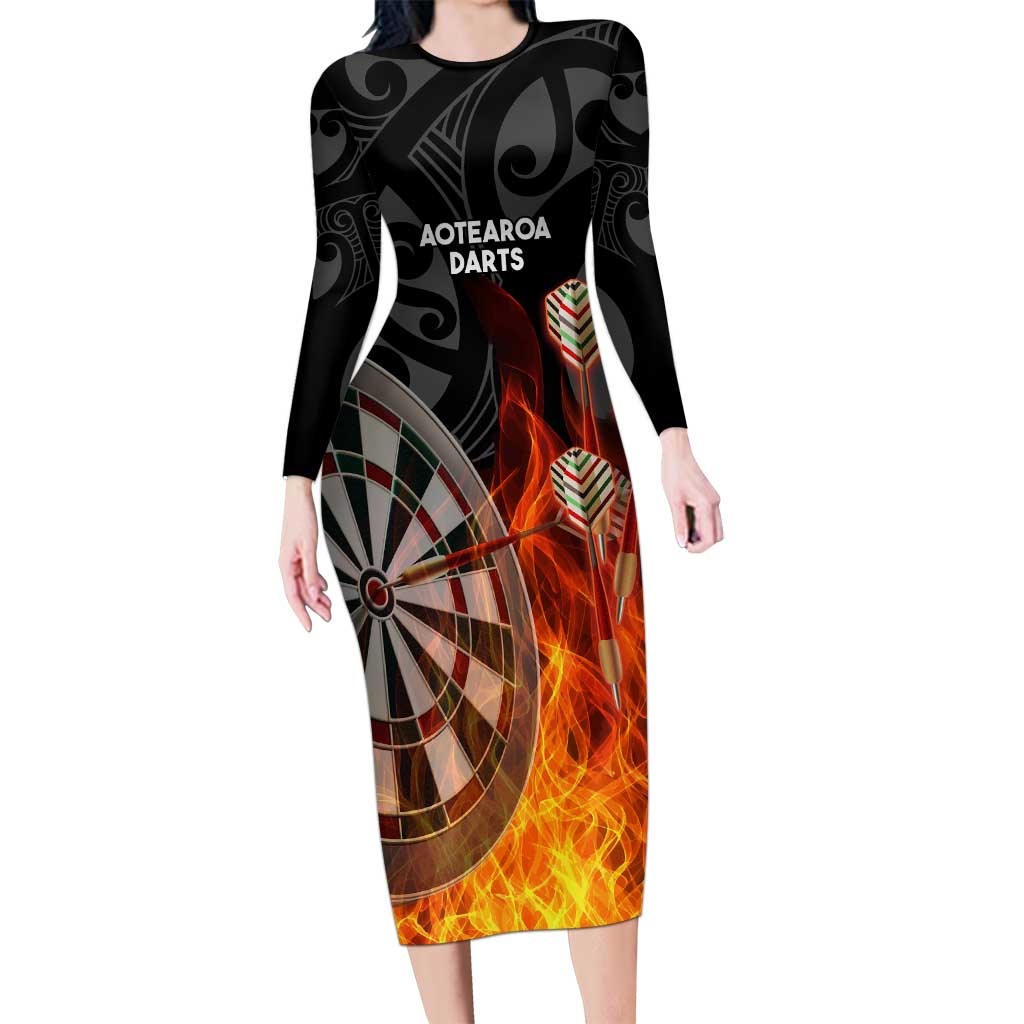 Personalised Aotearoa Darts Long Sleeve Bodycon Dress Maori Koru Flaming Dartboard LT14 Long Dress Black - Polynesian Pride