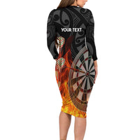 Personalised Aotearoa Darts Long Sleeve Bodycon Dress Maori Koru Flaming Dartboard LT14 - Polynesian Pride