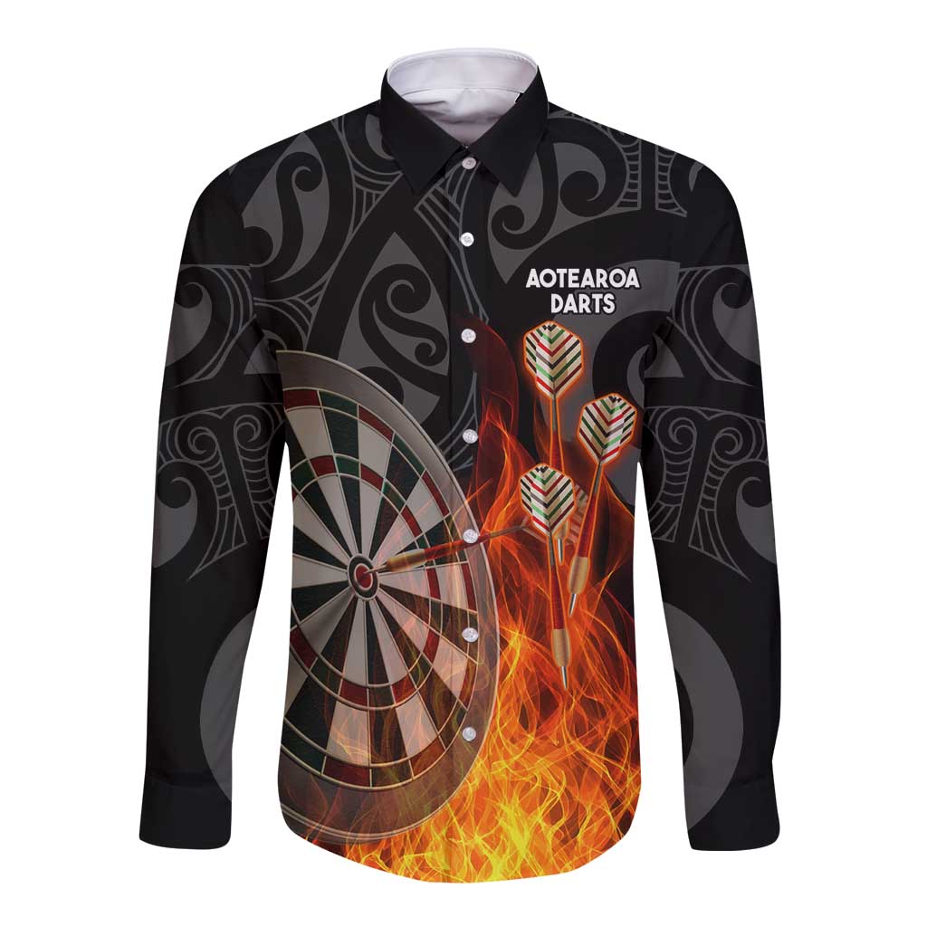 Personalised Aotearoa Darts Long Sleeve Button Shirt Maori Koru Flaming Dartboard LT14 Unisex Black - Polynesian Pride