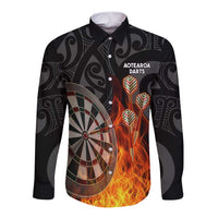 Personalised Aotearoa Darts Long Sleeve Button Shirt Maori Koru Flaming Dartboard LT14 Unisex Black - Polynesian Pride