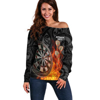 Personalised Aotearoa Darts Off Shoulder Sweater Maori Koru Flaming Dartboard LT14 Women Black - Polynesian Pride