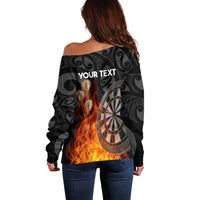 Personalised Aotearoa Darts Off Shoulder Sweater Maori Koru Flaming Dartboard LT14 - Polynesian Pride