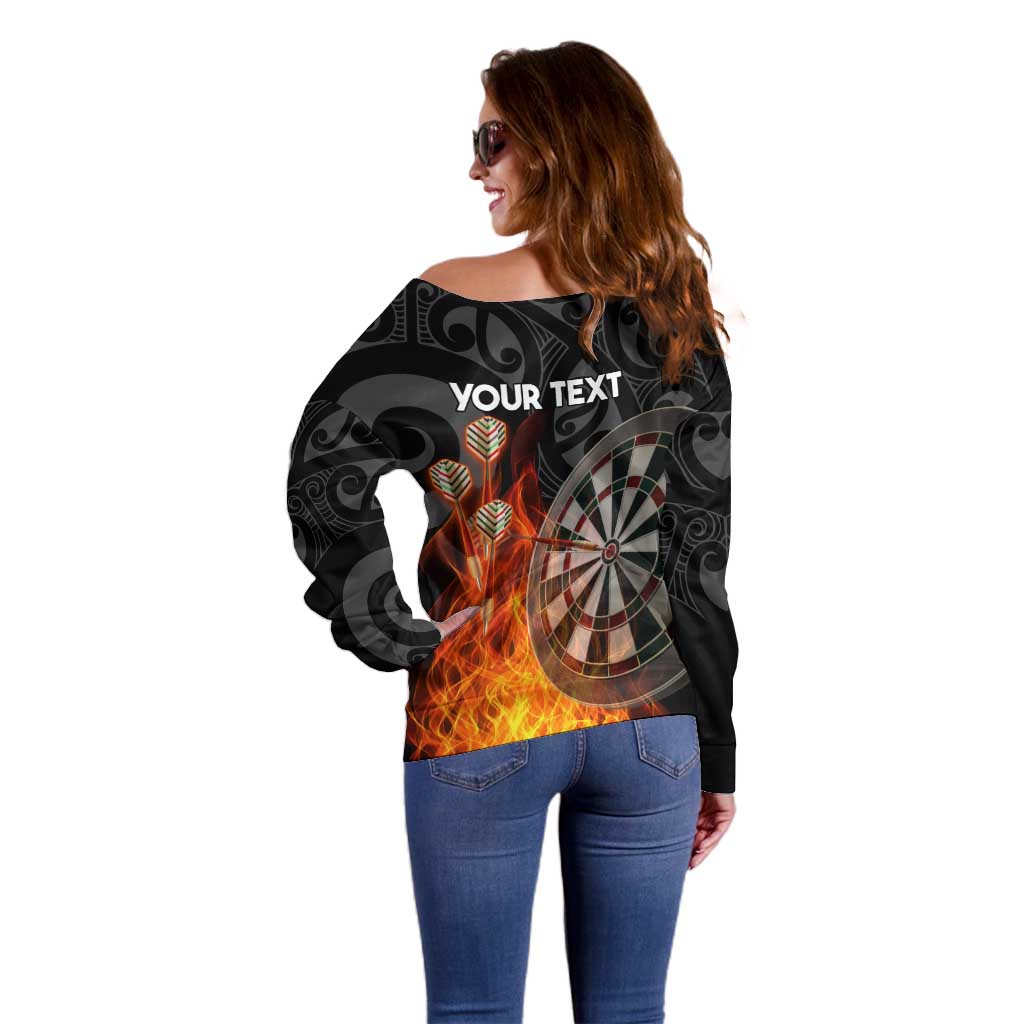 Personalised Aotearoa Darts Off Shoulder Sweater Maori Koru Flaming Dartboard LT14 - Polynesian Pride