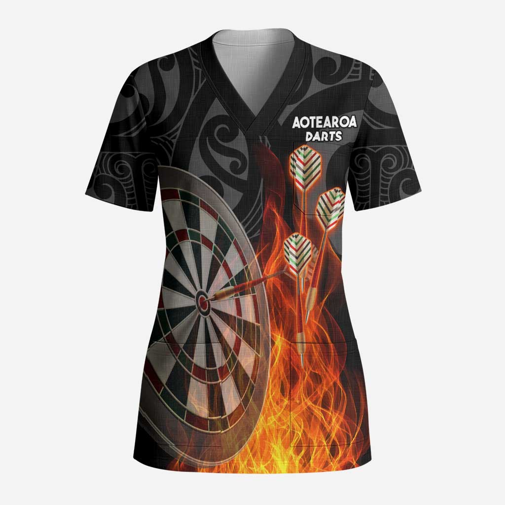 Personalised Aotearoa Darts Scrub Top Maori Koru Flaming Dartboard LT14 Adult Black - Polynesian Pride