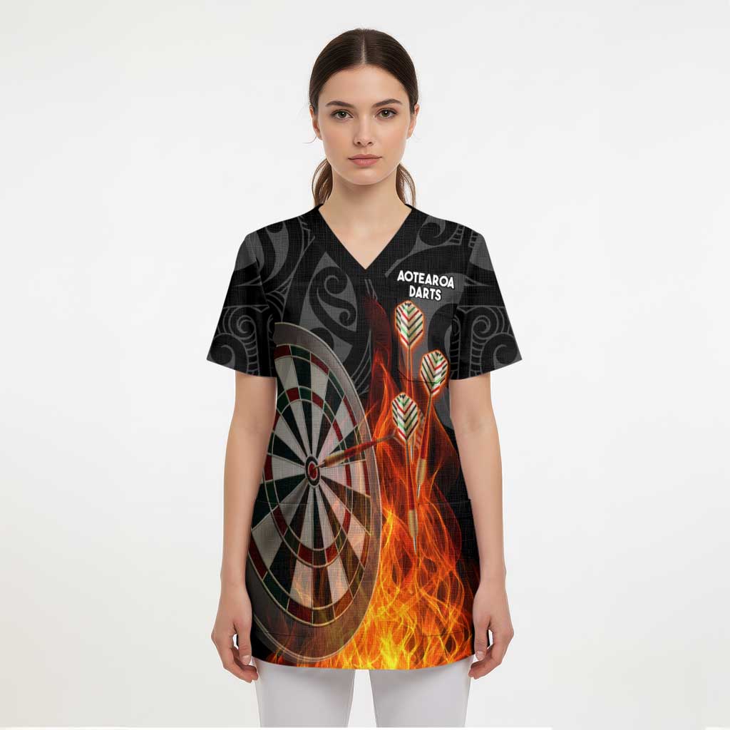 Personalised Aotearoa Darts Scrub Top Maori Koru Flaming Dartboard LT14 - Polynesian Pride