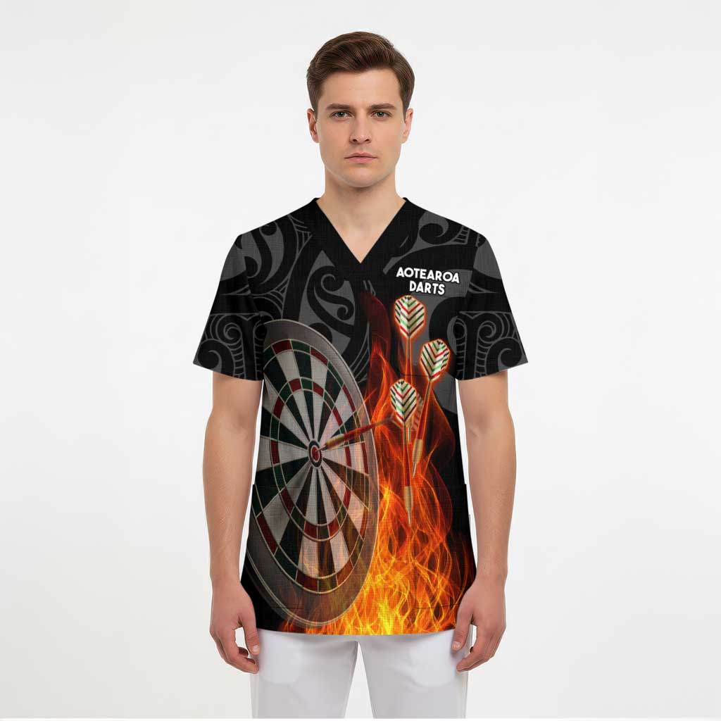 Personalised Aotearoa Darts Scrub Top Maori Koru Flaming Dartboard LT14 - Polynesian Pride