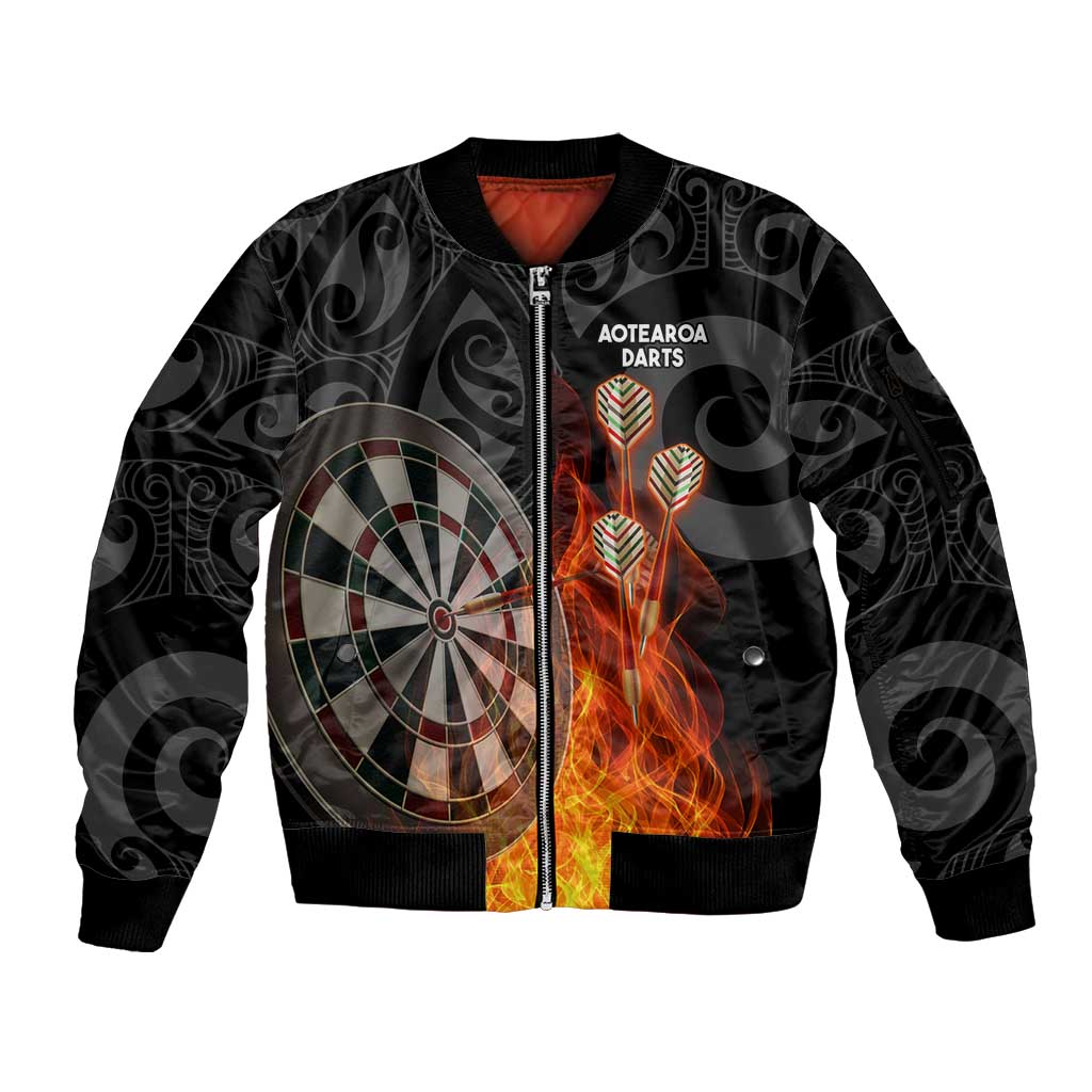 Personalised Aotearoa Darts Sleeve Zip Bomber Jacket Maori Koru Flaming Dartboard LT14 Unisex Black - Polynesian Pride