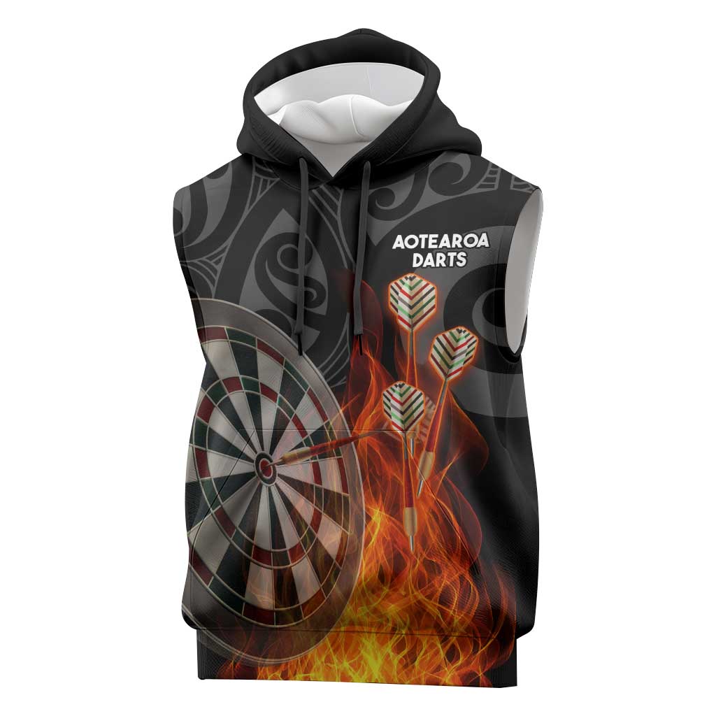 Personalised Aotearoa Darts Sleeveless Hoodie Maori Koru Flaming Dartboard LT14 Black - Polynesian Pride