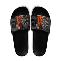 Personalised Aotearoa Darts Slide Sandals Maori Koru Flaming Dartboard LT14 Black - Polynesian Pride