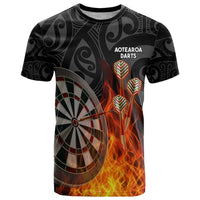 Personalised Aotearoa Darts T Shirt Maori Koru Flaming Dartboard LT14 Black - Polynesian Pride