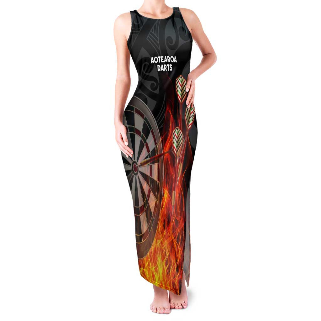 Personalised Aotearoa Darts Tank Maxi Dress Maori Koru Flaming Dartboard LT14 Women Black - Polynesian Pride