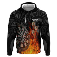 Personalised Aotearoa Darts Zip Hoodie Maori Koru Flaming Dartboard LT14 Pullover Hoodie Black - Polynesian Pride