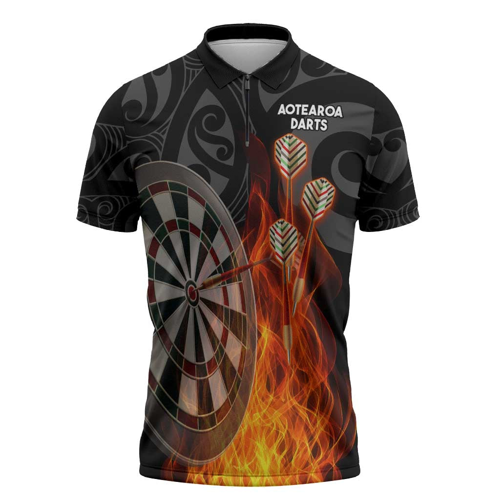 Personalised Aotearoa Darts Zipper Polo Shirt Maori Koru Flaming Dartboard LT14 Black - Polynesian Pride