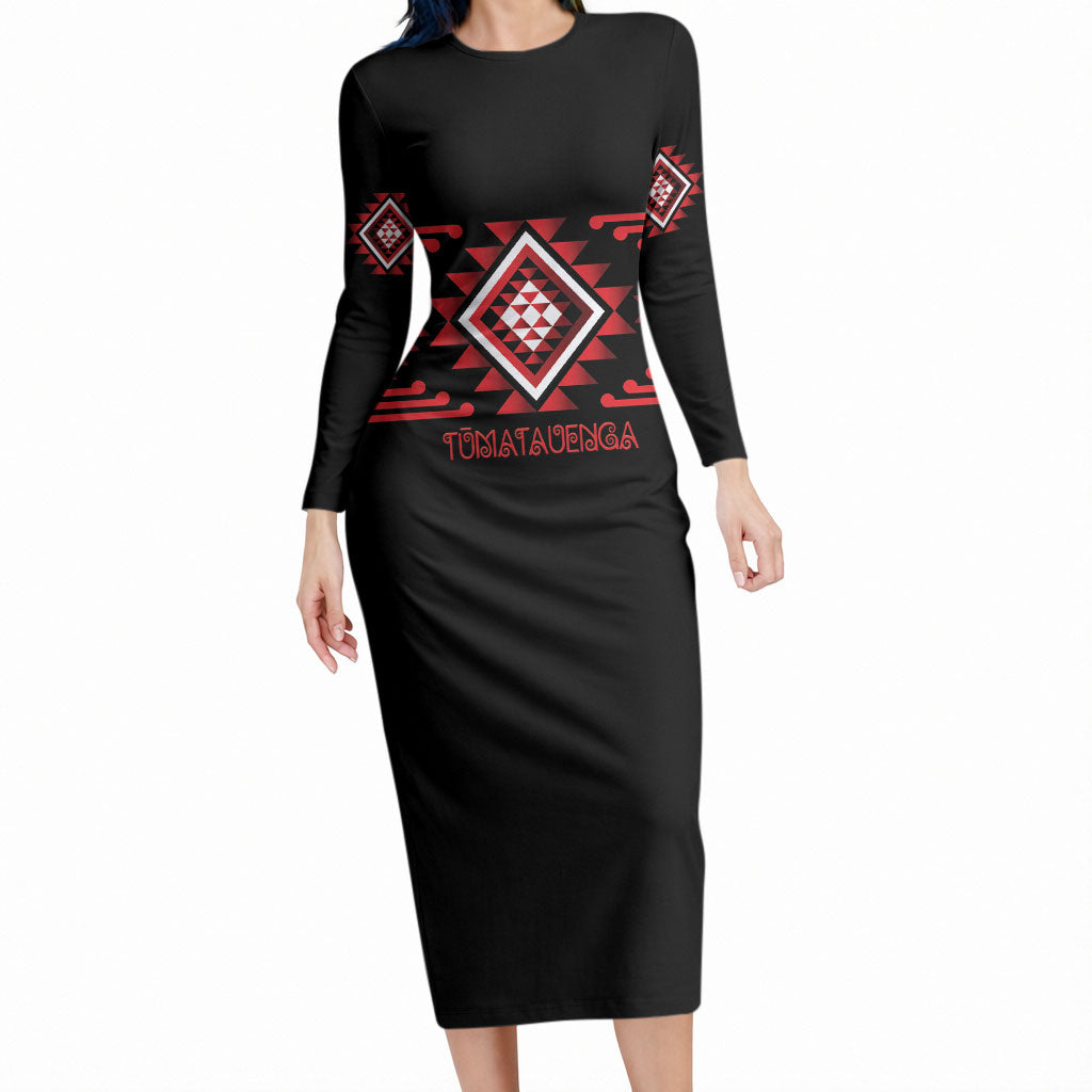 Aotearoa Atua Tumatauenga Personalised Long Sleeve Bodycon Dress Maori God Of War Taniko Motifs LT14 Long Dress Red - Polynesian Pride