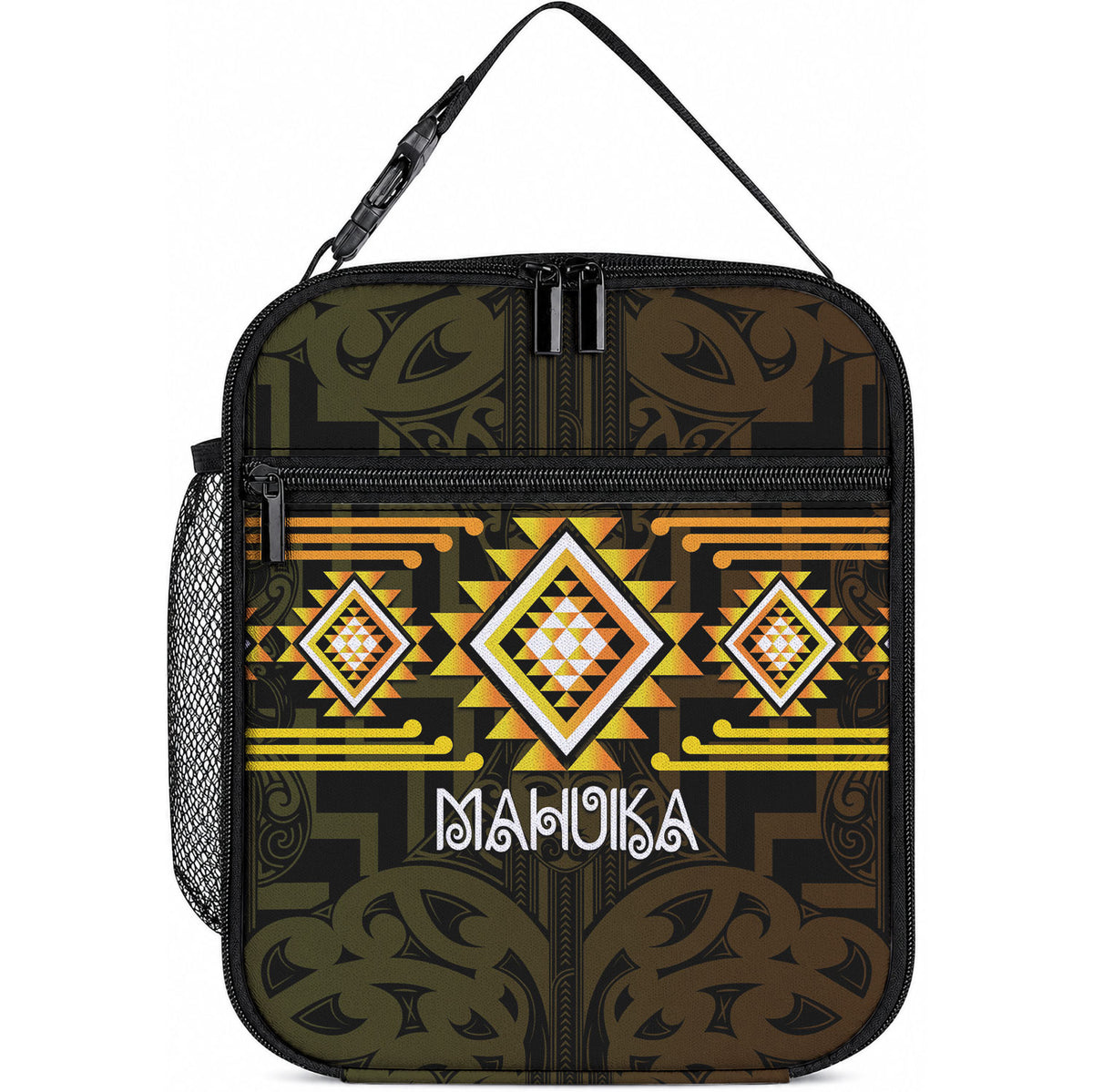 Aotearoa Atua Mahuika Lunch Bag Maori Goddess Of Fire Taniko Motifs LT14 10.2 × 8.3 × 4.3 inch Yellow - Polynesian Pride