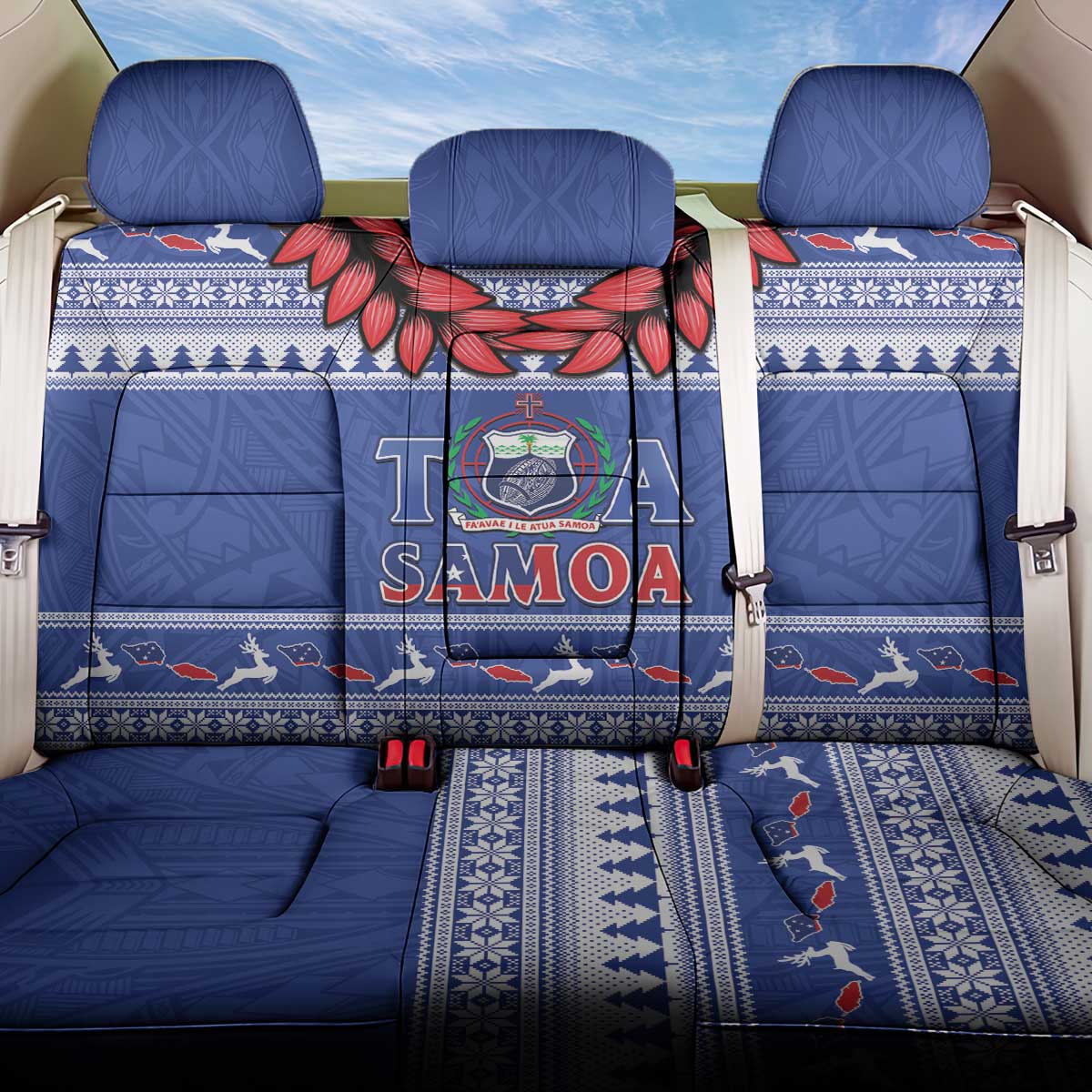 Toa Samoa Rugby Christmas Back Car Seat Cover Ula Fala Samoan Pattern Blue LT14 One Size Blue - Polynesian Pride
