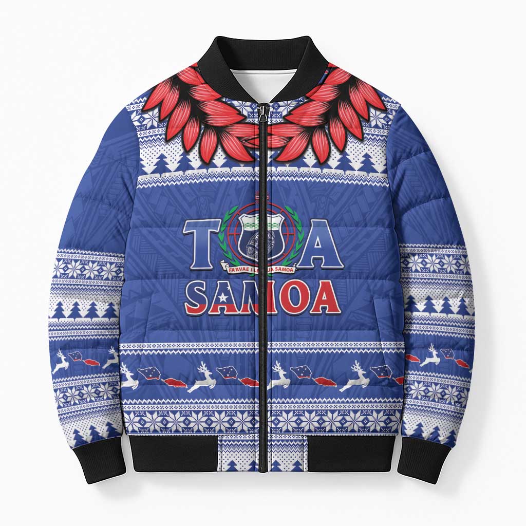 Personalised Toa Samoa Rugby Christmas Bomber Puffer Jacket Ula Fala Samoan Pattern Blue LT14 Unisex Blue - Polynesian Pride