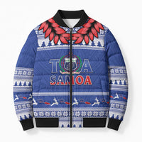 Personalised Toa Samoa Rugby Christmas Bomber Puffer Jacket Ula Fala Samoan Pattern Blue LT14 Unisex Blue - Polynesian Pride